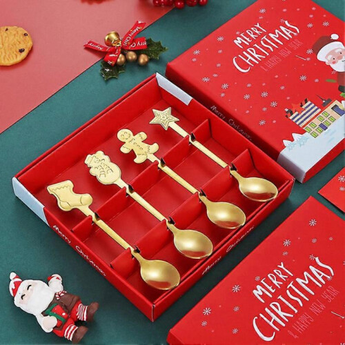 (Glod) Xmas Dessert Spoon Set Elegant Rustproof Flatware Set for Home Kitchen 2