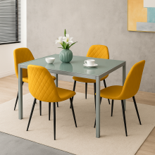 Modern Grey Glass Dining Table Set with 4 Mustard Faux Leather Chairs Dining Room Furniture