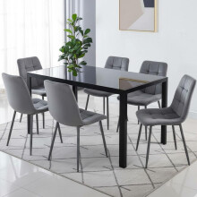 Modern Black Glass Dining Table Set with 6 Grey velvet Chairs