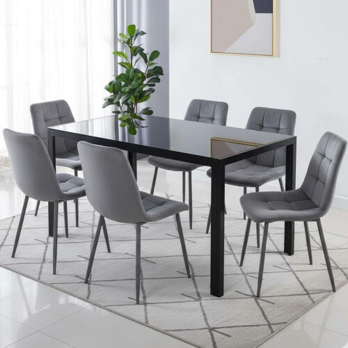 Modern Black Glass Dining Table Set with 6 Grey velvet Chairs