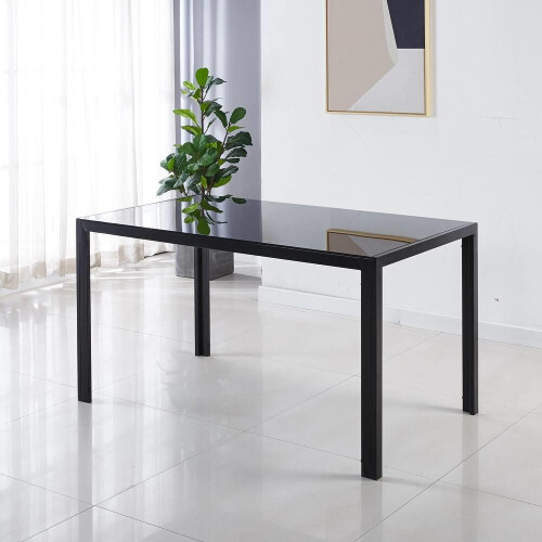 Modern Black Glass Dining Table Set with 6 Grey velvet Chairs 1