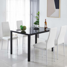 Black Glass Dining Table with 4 White Faux Leather Chairs Home Kitchen Dining Furniture