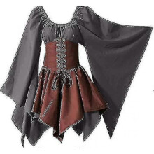(M, Grey and Brown) Women's Medieval Renaissance Costumes Pirate Corset Dress Women Flare Sleeve Traditional Irish Short Dress