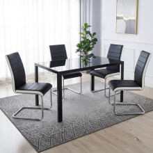 Black Glass Dining table Set with 4 black leather chairs Dining Room Furniture