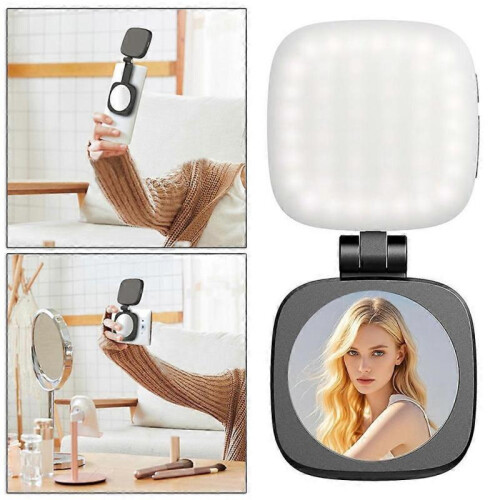 (White)Phone Fill Light with Mirror Wireless Rechargeable Rings Light for Live 1