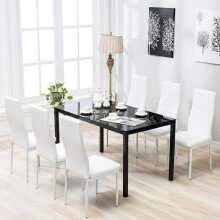 Black Glass Dining Table With Set of 6 White Faux Leather Chairs Dining Room Furniture
