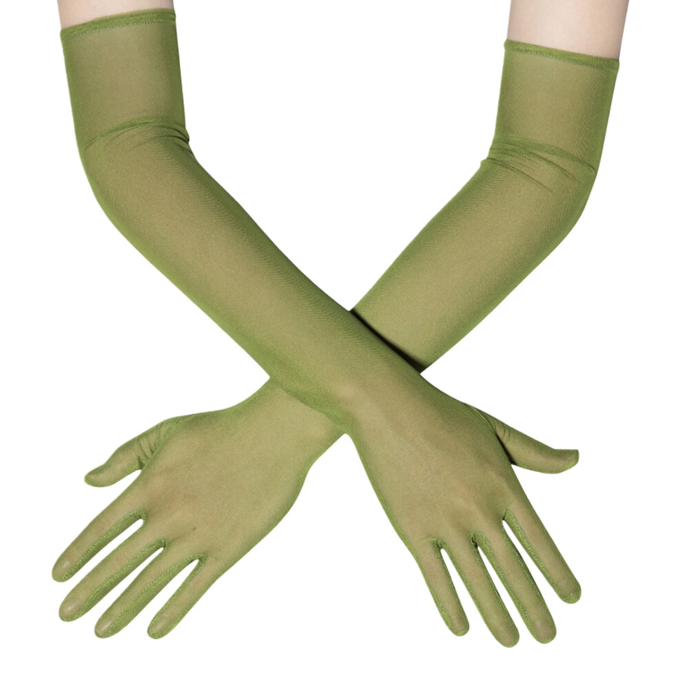 New Women's 55Cm Long Arm Sleeves Sheer Elastic Sheer Gloves-Olive. Green