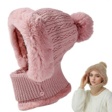 (Pink) Rib Knit Beanie Hat for Women, 2026 New Windproof Balaclava Neck Warmer Hat  Fleece-Lined Ski Scarf and Mask Set