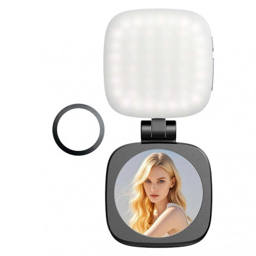 (Black) Phone Fill Light with Mirror Wireless Rechargeable Rings Light for Live