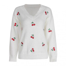 Women's Winter Casual Sweater Cherry Embroidered Sweater for Outdoor Dating Shopping Wear