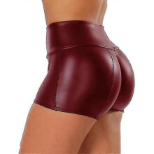 (M, Red) Women's Flexible Faux Leather Shorts, High Waisted Sexy Disco Short Pants-mxbc