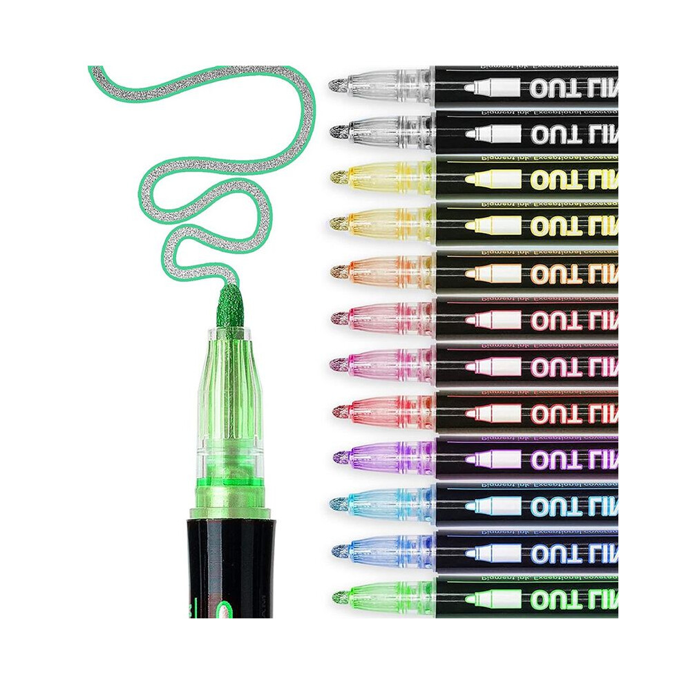 12 Colors Outline Metallic Markers, Acrylic Paint Marker Pen Glitter Drawing For Wood, Rock Painting 4851249034587