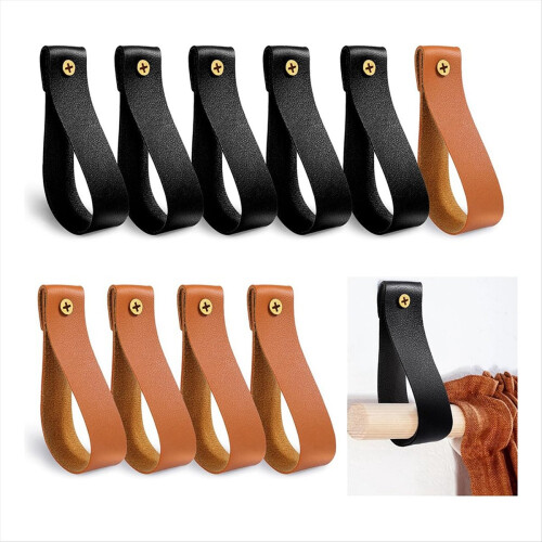 10Pcs Leather Curtain Rod Holder,Leather Bracket,PU Loop Strap for Wood Rod,Strap Wall Hooks 1