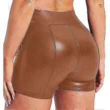 (2XL, Brown) Women's Flexible Faux Leather Shorts, High Waisted Sexy Disco Short Pants-mxbc
