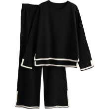 (Large, Black) Women's 2 Piece Outfits Long Sleeve Knit Sweater Top Wide Leg Pants Lounge Sets Tracksuits