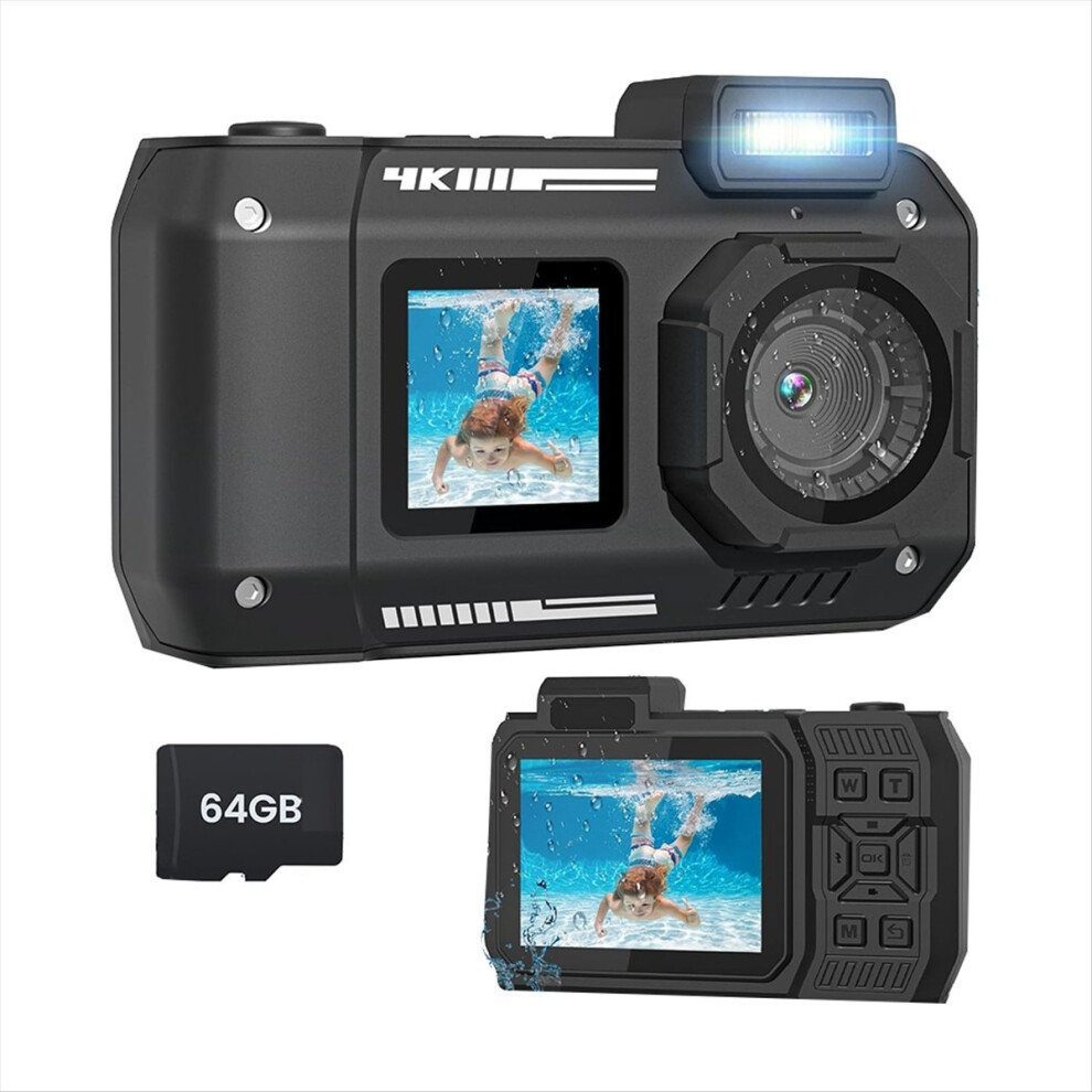 Waterproof Camera 4K 65Mp Underwater With 64G Card, For Snorkeling Autofocus Selfie Dual-Screen Black 4851249041837