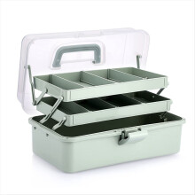 Boîte de rangement en plastique à 3 compartiments avec séparateurs et entretoises réglables, portable et munie d'une poignée.