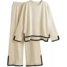 (X-Small, Apricot) Women's 2 Piece Outfits Long Sleeve Knit Sweater Top Wide Leg Pants Lounge Sets Tracksuits