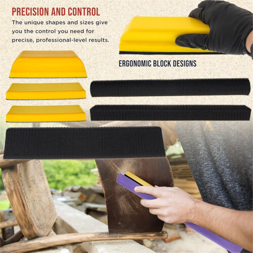 7-Piece Hand Sanding Block Set, Handheld Hook & Loop Sander Pads - Rectangle, Flat, Round, Curved, Contoured Shapes 2