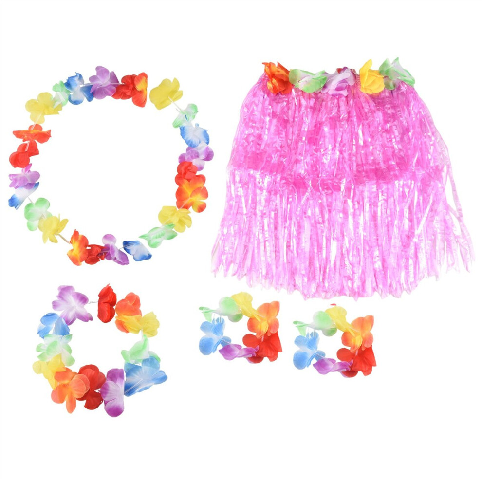 Set Children Hawaiian Grass Skirt Hula Luau Party Pink 4852779931025