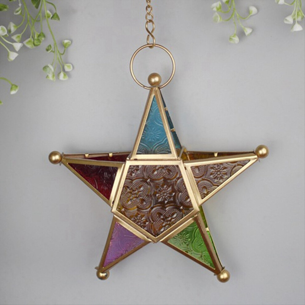 Hanging Candle Lantern,Moroccan Style Glass Five-Pointed Star Shaped Tealight-Holder For Wedding,Garden Yard, Black 4852957354608