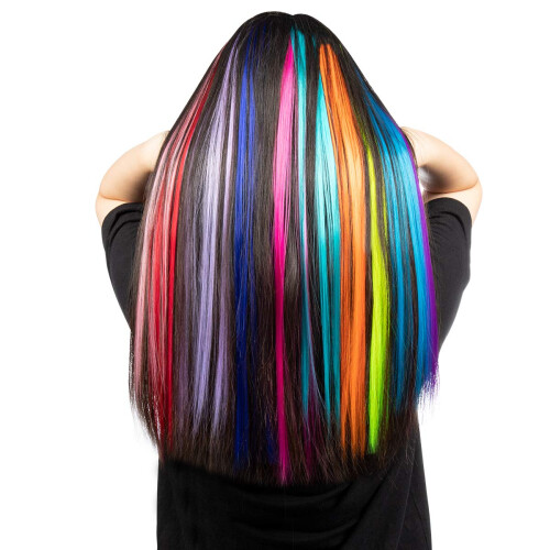 13 pezzi di extension per capelli colorate con clip, 55 cm, sintetiche e lisce, arcobaleno 2