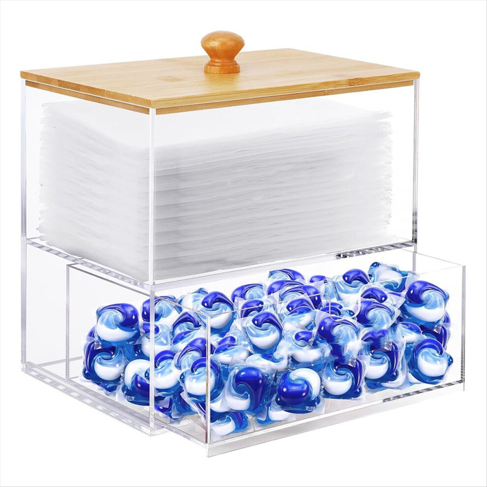 Acrylic Dryer Sheet Holder With Drawer And Bamboo Lid, Clear Acrylic Large-Capacity Laundry Pods Container 4852957389242