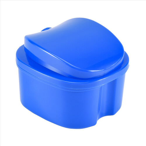 Dark Blue Denture Case, Denture Cup with Strainer, Denture Bath Box False Teeth Storage Box with Basket Net Container Holder for Travel 2