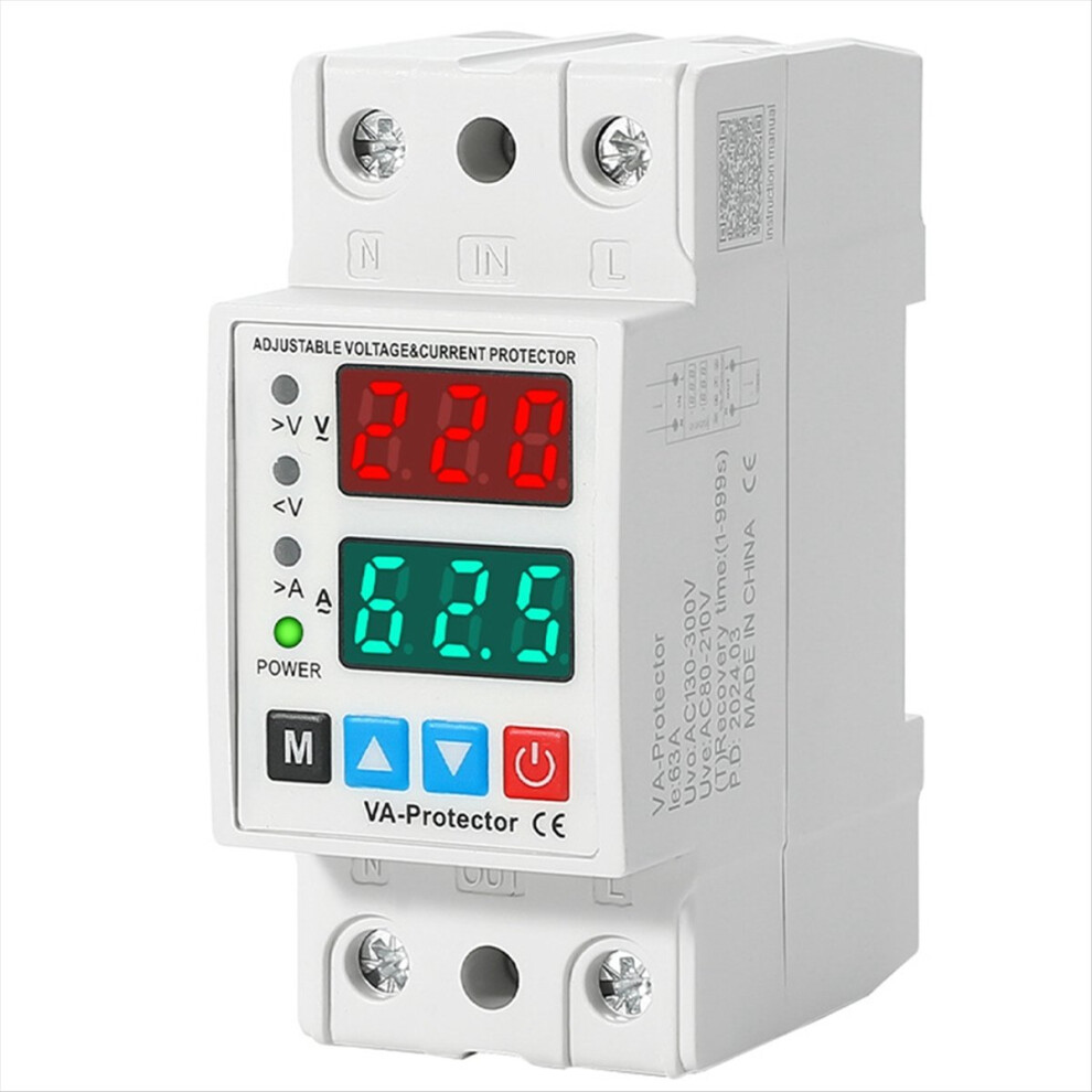63A Ac130-300V Din Rail Dual Display Adjustable Over Voltage Current And Under Voltage Protective Device Protector Relay 4851916247159