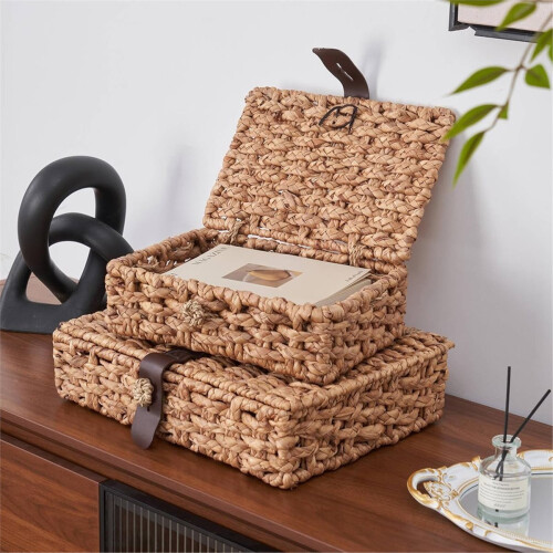 Decorative Box with Lid, Wicker Storage Basket, Water Hyacinth Woven Decorative Box for Shelf,Coffee Table Small 2
