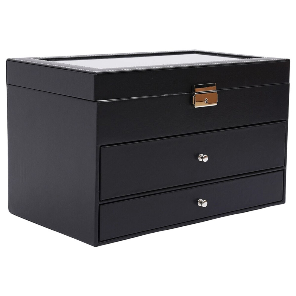 Watch And Eyeglasses&Sunglasses Box 3 Layer Leather With Jewelry Display Drawer Metal Buckle Case Organizer Black 4851916285137