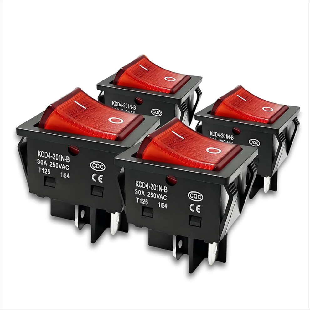 30A 250V Ac Dpst 4 Pin Rocker Toggle Switch, 4Pack Red Lighted On/Off T125 Toggle Switch Heavy Duty For Home Appliances 4851916276364