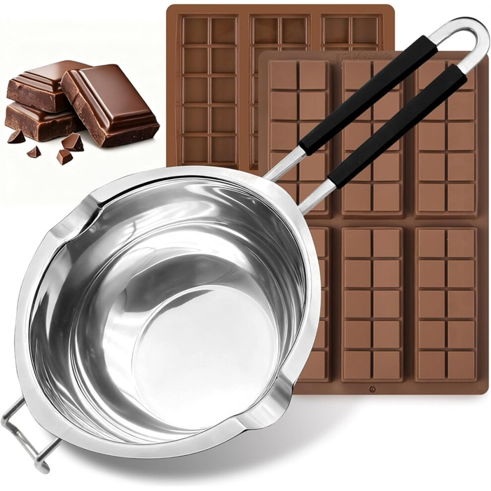 1200Ml/1.1Qt Double Boiler Pot With 2 Pack Of Silicone Chocolate Bar Molds, Stainless Steel Chocolate Melting Pot 4851916280460