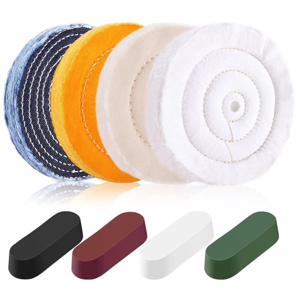 8PCS 6 Inch Buffing & Polishing Wheel Kit for Bench Grinder, 1/2" Arbor Hole, with 4 Buffing Compound Set, Rouge Bars