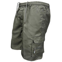 (M, Army Green) Men's Plain Drawstring Cargo Short Pants Summer Holiday Beach Casual Multi-Pockets Elastic Waist Shorts