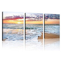 Soluppgångscanvas, livfull kustsolnedgång på vattentät canvas, träramad väggkonst med havsstrand för heminredning (3 paneler)
