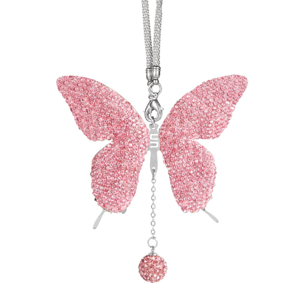 Pink Butterfly Car Hanging Ornament Rhinestone Car Mirror Charm Rear View Mirror Decor For Women Girls