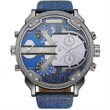 (3548 denim blue) Oulm Men's Casual Sports Watches Unique Design Big Watch Male Leather Strap Quartz Clock Double Time Zone Men Luxury Wristwatch
