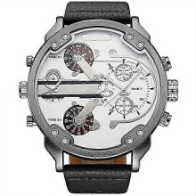 (3548 white) Oulm Men's Casual Sports Watches Unique Design Big Watch Male Leather Strap Quartz Clock Double Time Zone Men Luxury Wristwatch