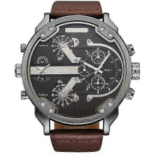 (3548 brown) Oulm Men's Casual Sports Watches Unique Design Big Watch Male Leather Strap Quartz Clock Double Time Zone Men Luxury Wristwatch