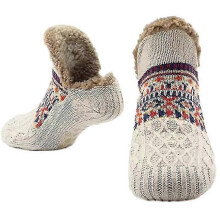 (40-42, Beige) Mens Women Fuzzy Slipper Socks, Warm Thick Heavy Thermal Fleece Socks