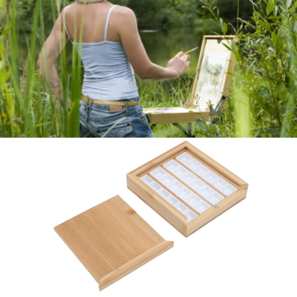 Watercolor Tray Palette 24 Wells Bamboo Wood Travel Mixing Set