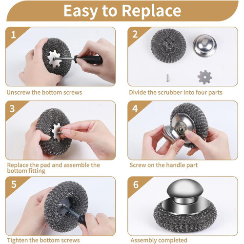 Edelstahl-Schrubber mit Griff - 5 Reinigungspads 2