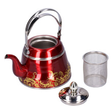 Bouilloire vintage en émail pour cuisinière, infuseur à thé amovible, poignée en acier inoxydable, compatible induction, idéale pour la cuisine.
