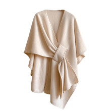 Faux Wool Shawl Autumn Winter Warm Cloak Lightweight-Beige