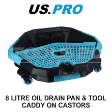 US PRO Tools 8 Litre Oil Drain Pan & Tool Caddy on Castors Garage Tray 6249