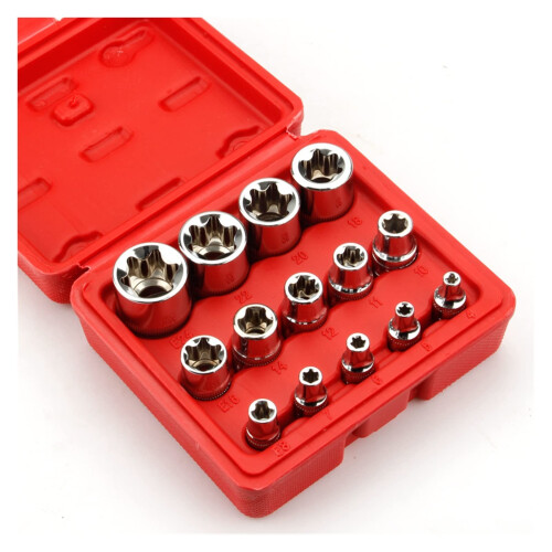 14Piece E Torx Star Female Bit Socket Set E4E24, 1/2 In, 3/8 In, 1/4 In Drive