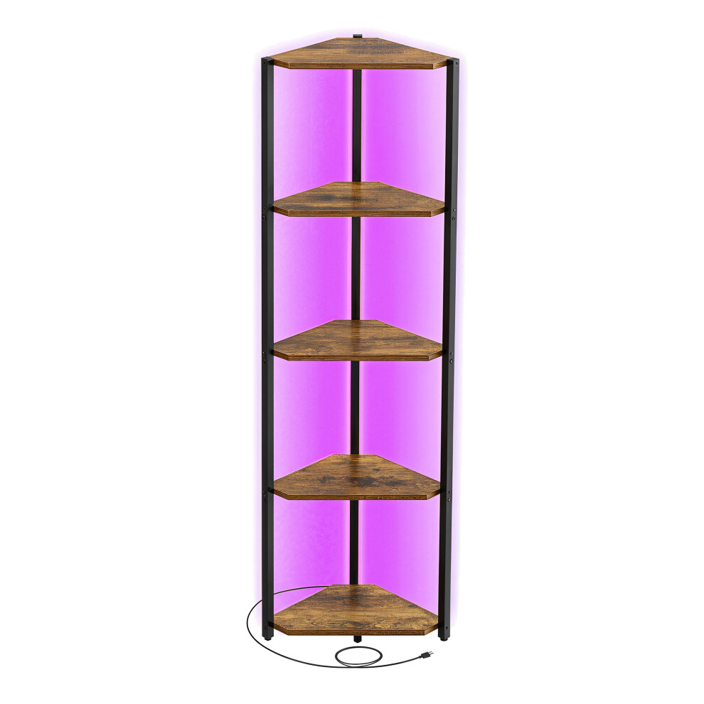 Vasagle 5-Tier Corner Shelf, Bookcase With Adjustable Led Lights, Storage Shelf With Steel Frame, 24.8 X 48 X 146.6 Cm, For Living Room, Bedroom,