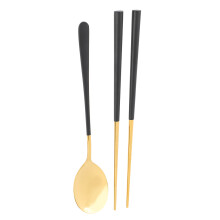 Wiederverwendbares Edelstahl-Stäbchen- und Löffel-Set Schwarz und Gold, 2-teiliges Geschirrset