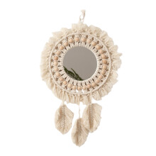 Boho Macrame Wall Mirror for Decorative Hanging, White Cotton Rope Mirror Pendant, Exquisite Craftsmanship for Vintage Bohemian Home Decorative Art